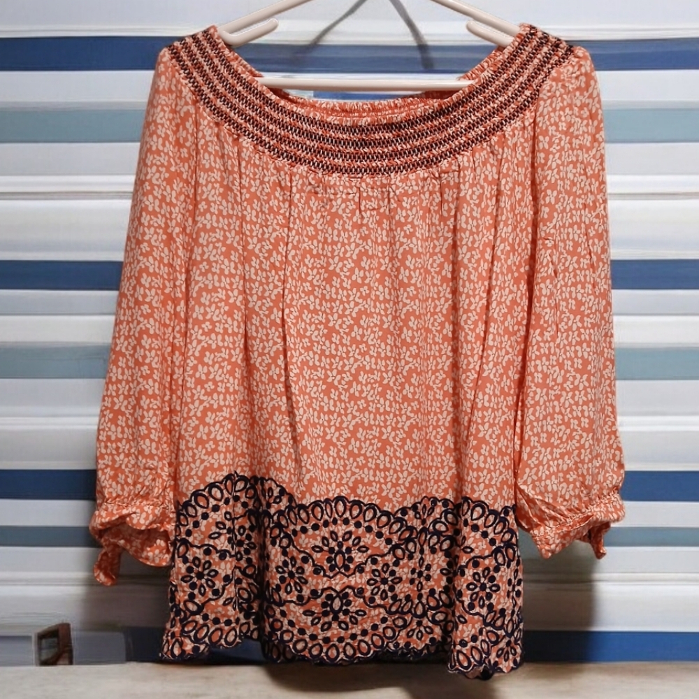 Fever Off The Shoulder Pink Blue Embroidered Floral Womans Shirt Blouse